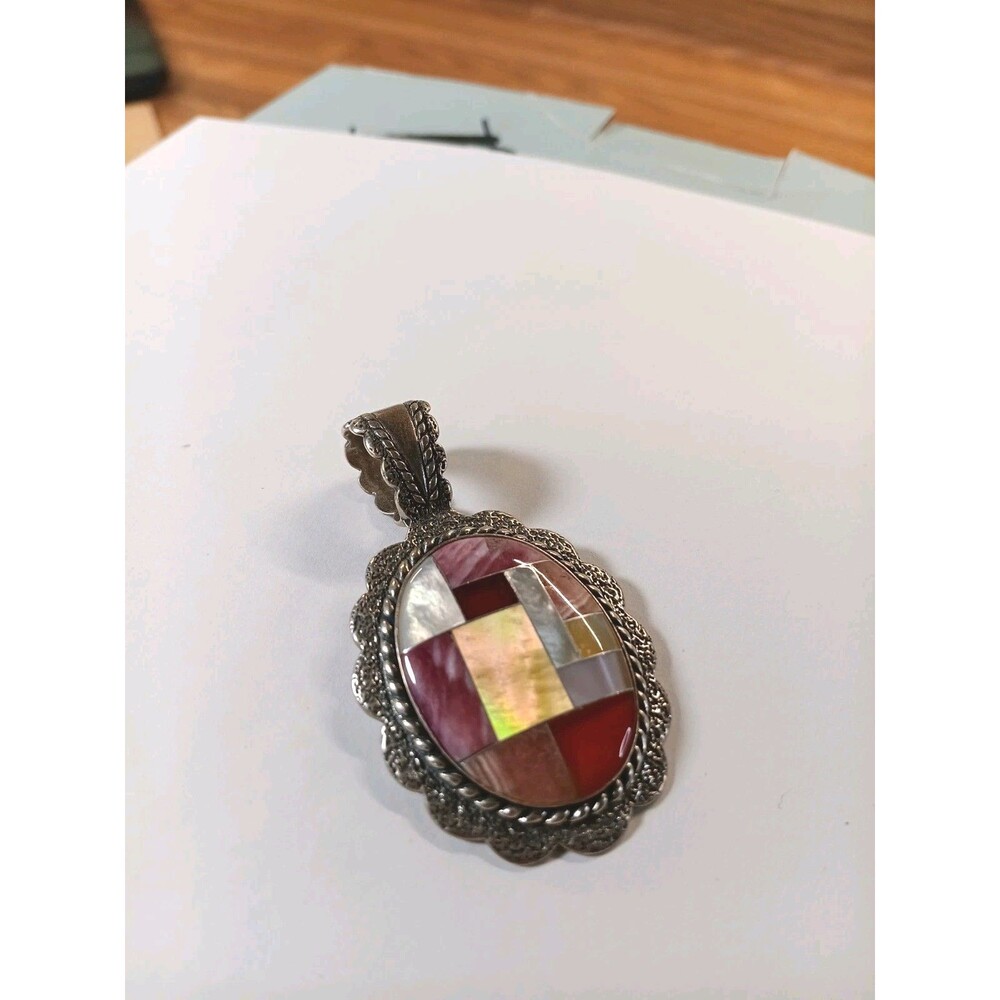 Carolyn Pollack Sterling Silver Multi Stone Inlay Oval Pendant